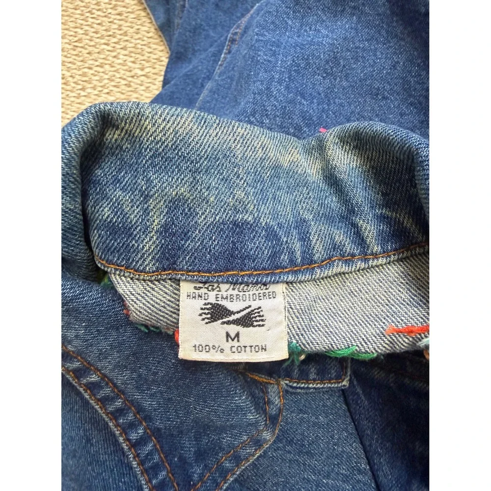 Vintage Embroidered Denim Jacket festival Peacock‎ Floral Boho Trucker hippie M